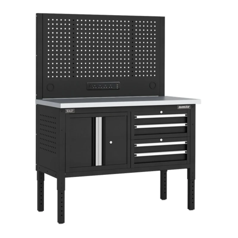 Superline PRO Modular Workbench with 4 Drawers & Cupboard Stainless Steel Worktop 1265mm - SE-APMWB50COMBO1SS